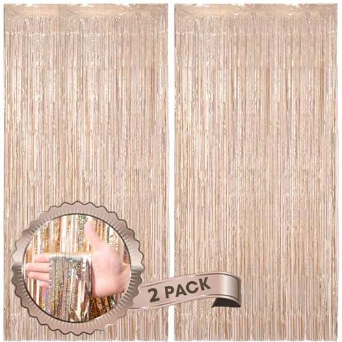 Image of Voircoloria 2 Pack Laser Champagne Foil Fringe Backdrop Curtains, Tinsel Streamers Birthday Party Bachelorette Backdrop Decorations for Valentine, Baby Shower, Wedding, Disco Party