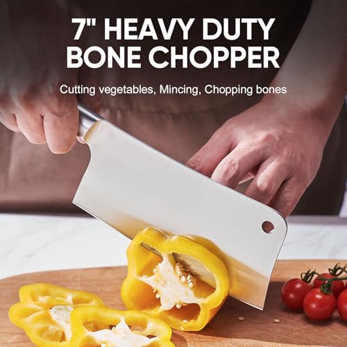 Image of Topfeel Butcher Knife Meat Cleaver Set 3Pcs-7 inch Heavy Duty Bone Chopper& 7 inch Santoku Knife& 5 inch Utility Knife, German Stainless Steel Chef Knives Set for Kitchen Home Gift