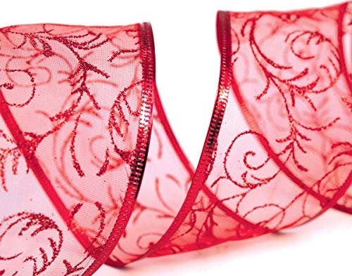 Red Gift Ribbon Wired Christmas Wire Edged Ribbons 2.5 Inches Wide X 50 Yards For Xmas Tree Organza Sheer Glitter Gift Wrap, Crafts, Decor, Holiday Wrapping/Craft & Flowers Valentines Day Large Roll #TOP2