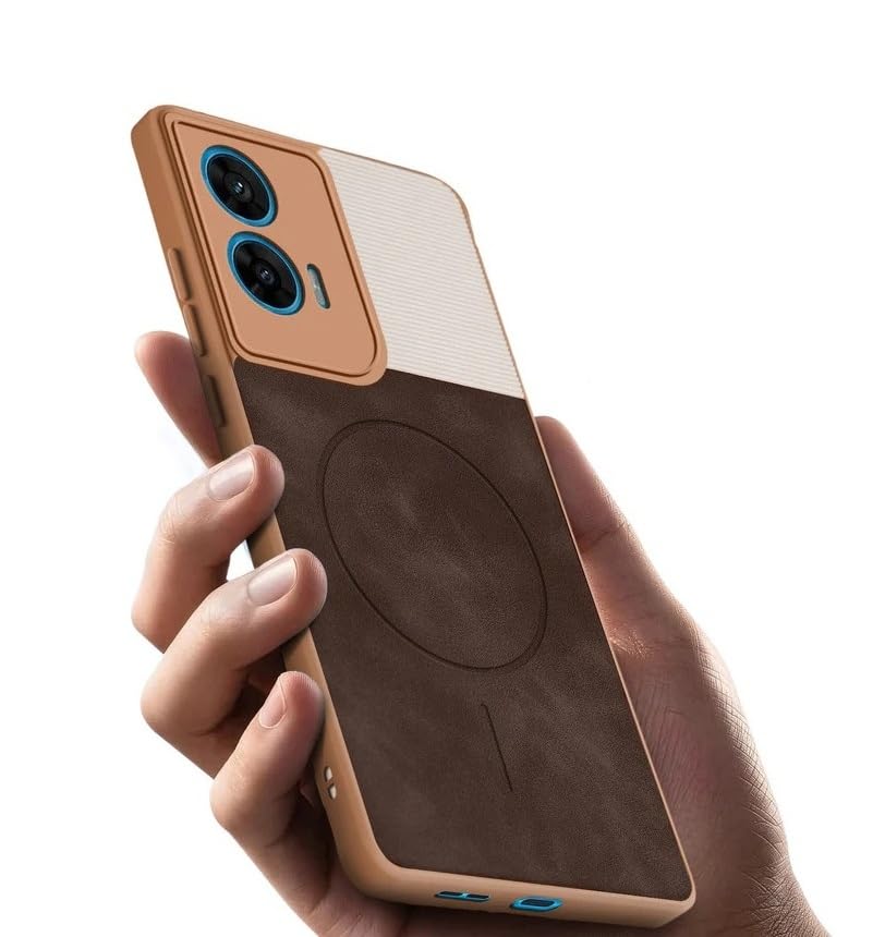 Image of Bintage Mac Safe Design Hard Slim Back Case | Soft Border Camera Protect | Dual PU Leather Finish Back Cover Compatible for Motorola G45 5G - White & Cherry Brown
