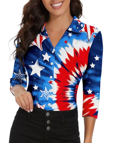 Image of Soneven Womens Golf Polo Shirts 3 /4 Long Sleeve V Neck Button Down Shirts Business Causal Work Blouses Tops