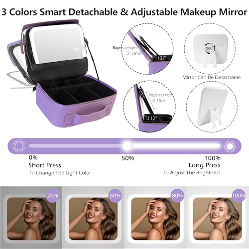 Image of MOMIRA Travel Makeup Bag Cosmetic Bag Makeup Organizer Bag with Lighted Mirror, Adjustable Brightness in 3 Color Scenarios, Waterproof Makeup Train Case, Gift for Women - Violet(Woven)
