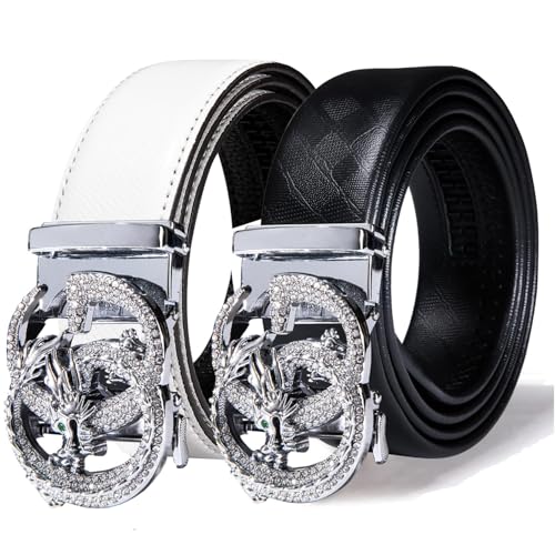 Dubulle Men's Black/White Belt Ratchet Genuine Leather Adjustable Belts Casual Dress Gift