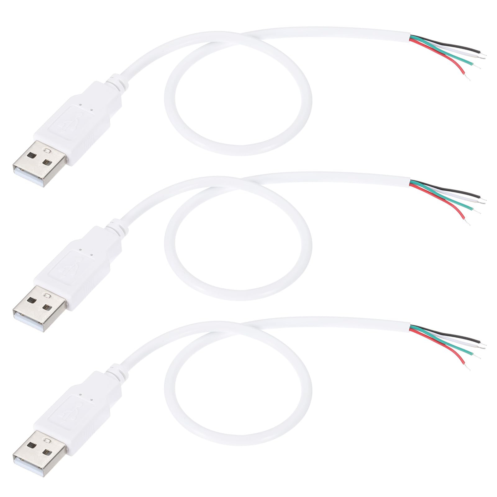 PATIKIL 1Ft USB 2.0 Male to 4 Pin Bare Wire Pigtail Cable, 3pcs 28AWG Data Power Cords Extension Adapter for Charging Equipment DIY Repair Replace, White