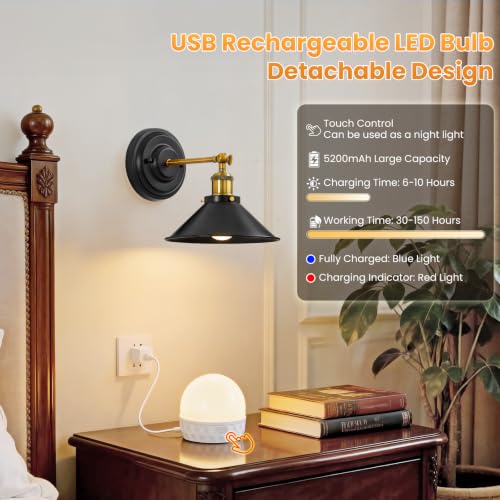 Image of Lightess Black Rechargeable Battery Operated Wall Sconces Set of 2