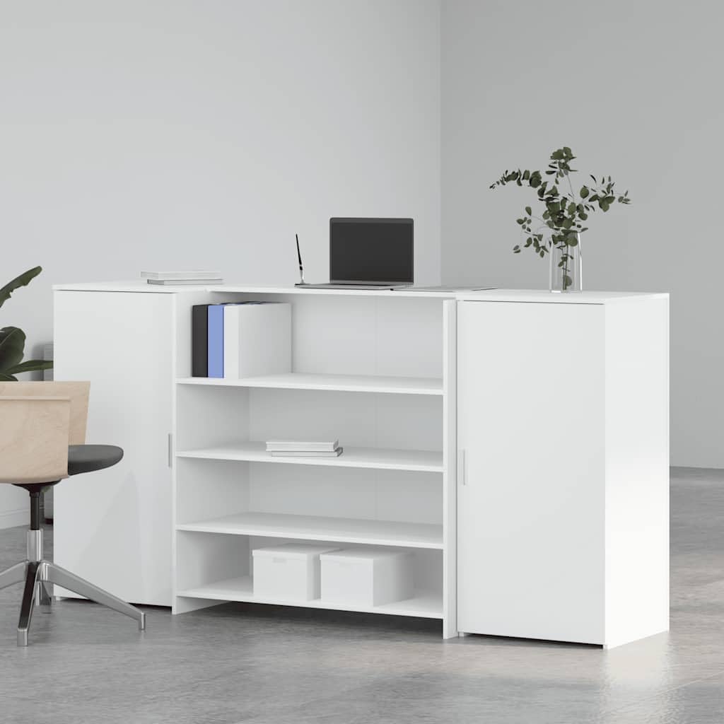 Mesa de recepción blanca de 200 x 50 x 103,5 cm, material de madera, mesa de oficina con armario y gran espacio de almacenamiento, diseño moderno para oficina, consulta, hotel, salón