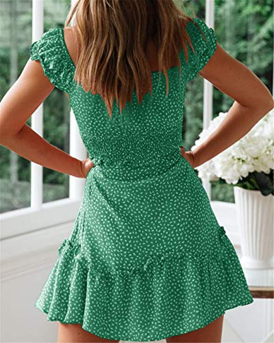 Image of Valphsio Womens Smocked Dress Ruffle Floral Tie Front Boho Short Dresses