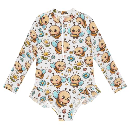 Cute Cartoon Little Bee Girls Long Sleeve Swimsuit Rash Guard One Piece Bathing Suits Zipper 3-12T