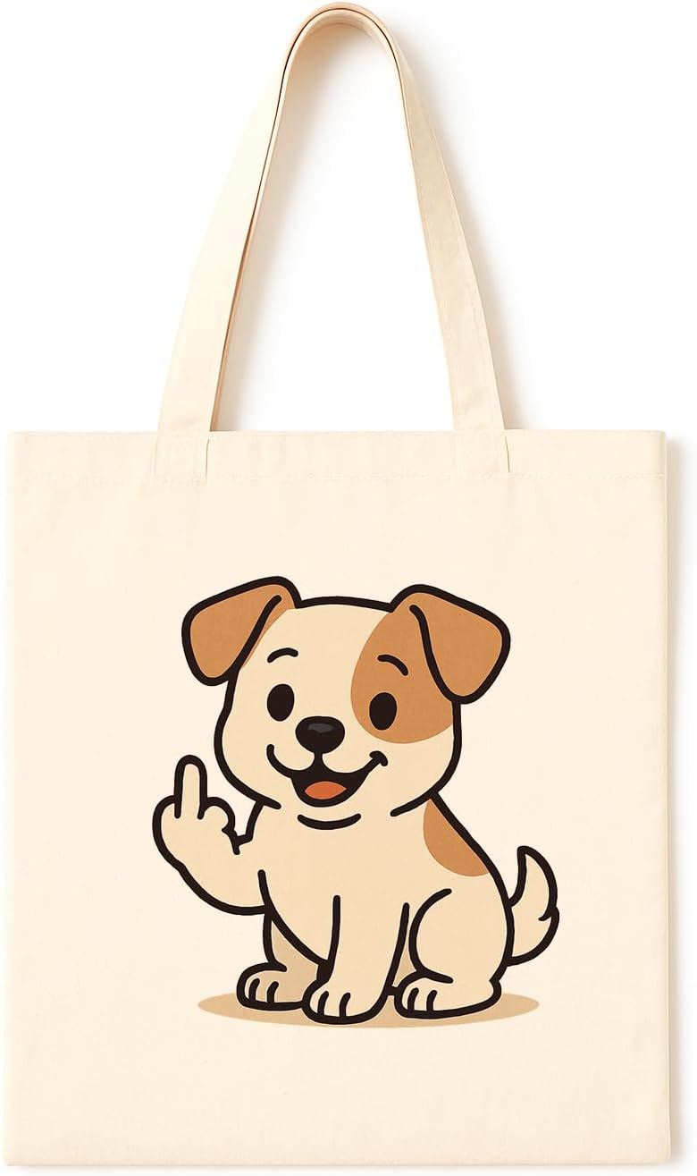 Smiling Dog Rude Gesture Tote Bag ~ Funny Puppy Canvas Shopper for Dog Lovers with Attitude, Sarcastic Friends and Naughty Pet-Themed Gift Seekers