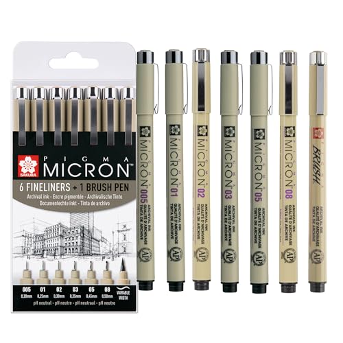 SAKURA Pigma Micron Pointe Callibrée Set de 6 + Brush Pen | Encre permanente résistante à l’eau| Stylos pour l'écriture, le dessin et le journal intime