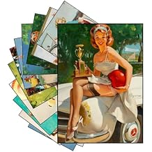 PIXILUV 12 x Mini Posters Unframed  Retro on Wheels Pin-Up Glamour with Vintage Cars, Scooters, Racing Triumphs, and Playful Adventures Along Sunny Beachside Roads