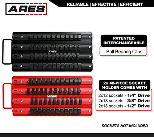 Image of ARES 60002 48-Pc 1 /4,3 /8,1 /2-In Socket Rail | Part No. 60002; Each Professional Grade Socket Holder Can Carry 48 1 /4-Inch, 3 /8-Inch, and 1 /2-Inch