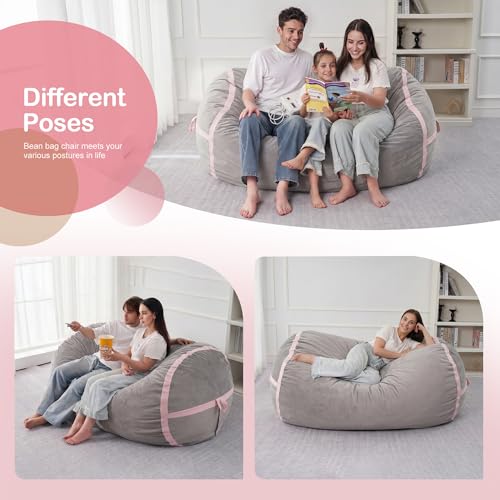 Image of 4FT Bean Bag Chair 4'Big Bean Bag Chairs with Adults, Large Beanbag Chair | Bean bag Lounger with Machine Washable Cover Velvet Fabric, Comfy Chairs for Living Room Bedroom Dorm, Lightgrey with Pink