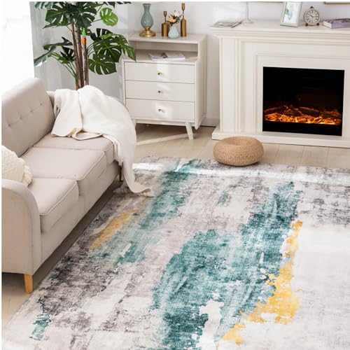 Carvapet 8 x 10 Rugs for Living Room, Teal Modern Abstract Low Pile Large Carpet with Rubber Backing, Foldable, Non Slip Machine Washable (10 x 8 Feet Rectangular, Teal/Grey Area Rug)