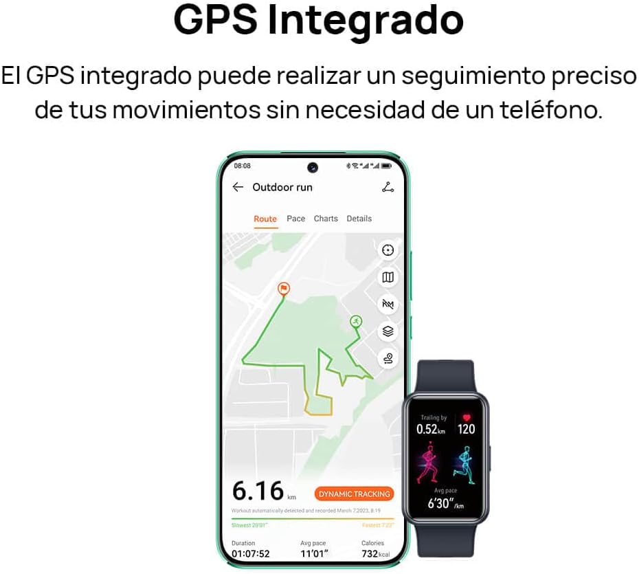 HUAWEI Watch FIT Special Edition showing GPS route tracking on a map