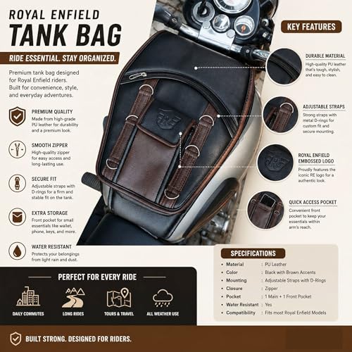 Image of Leatherette Scratch Protection Bike Tank Cover | Motorcycle Tank Bag | Leather Black and Brown | with Zipper Compartment and Adjustable Straps - Pack of One