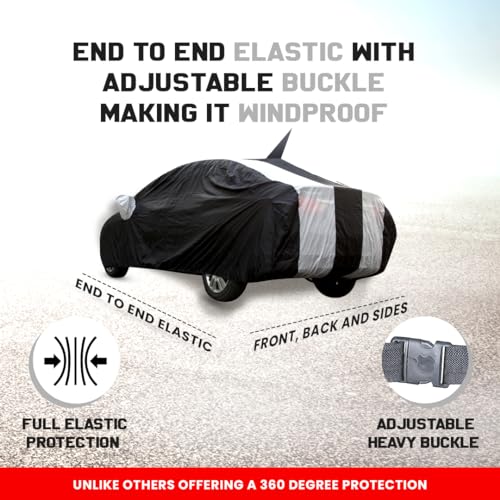 Image of Autofact Car Body Cover for Skoda Fabia with Mirror and Antenna Pocket (Light Weight, Triple Stitched, Heavy Buckle, Bottom Fully Elastic, White Stripes with Navy Blue Color)