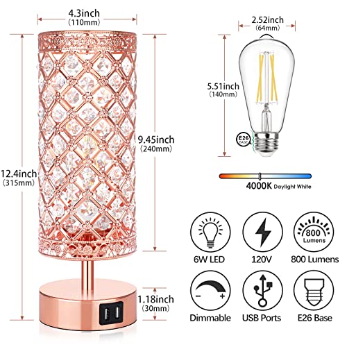 Crystal Touch Control Table Lamp, Rose Gold Dimmable K9 Crystal Bedside Nightstand Lamps With Usb Charging Ports, Small Pink Decorative Night Lights For Bedroom Living Room, 4000K White Bulb #TOP1