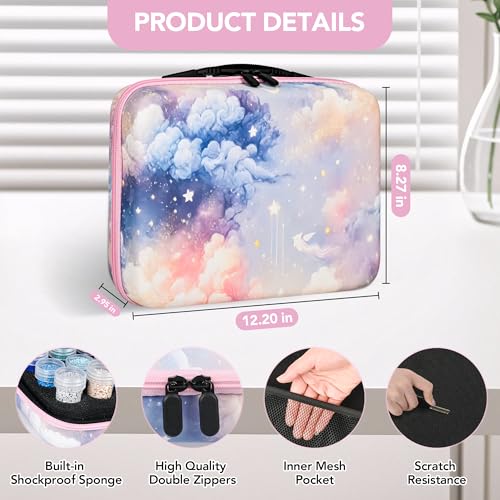 Image of MERATIA Diamond Painting Storage Case Organizer, 40 Slots with Accessories | Starlit Mist hard-shell case with 10 flip-top boxes, 30 screw-top jars, foam insert, mesh pocket and tools.