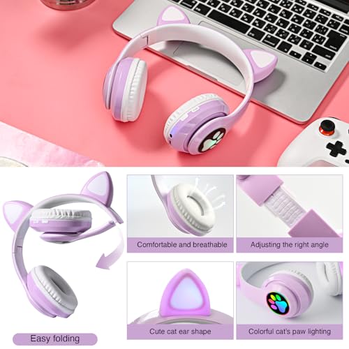 Image of Bluetooth Noise Cancelling Headphones for Kids,Foldable Cat Headphone with LED Light Up Ear,Cat Ear Headphones for Toddler with Microphone /TF Card,Kids Bluetooth Headphones for ipad