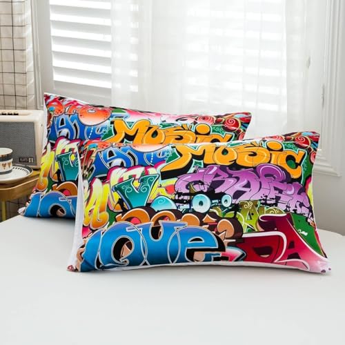 Loussiesd Graffiti Style Bedding Set Kids Hip Hop Theme Comforter Cover for Boys Teens Youth Illustration, Decorative Young Man Duvet Cover Street Culture 2 Pcs Single Bedding & Linen with Zipper