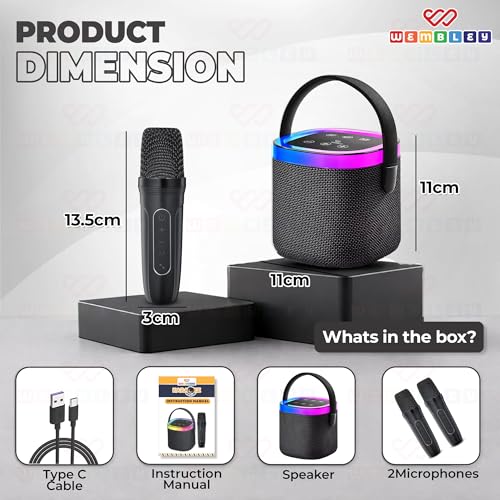 Image of Wembley Karaoke Speaker with 2 Mic Wireless | 5 Voice Modes Mic with Portable Bluetooth Speaker | Splashproof Long Playtime 360 Surround Sound with RGB Lights | Ideal Gift Karaoke System for Home