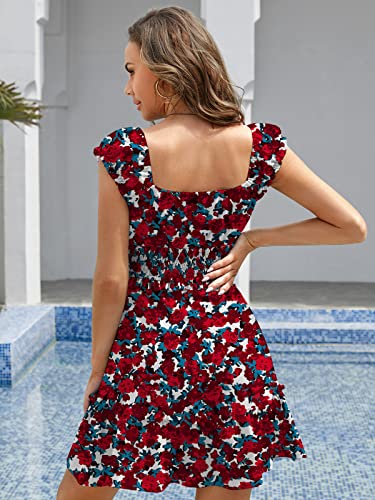 Image of Womens Summer Sundress Ruffle Sleeve Sweetheart Neck Print Mini Dress | Sundresses, Smocked Waist, Boho Floral, Flowy Ruffle Hem, Beach, Country Concert, Date Night