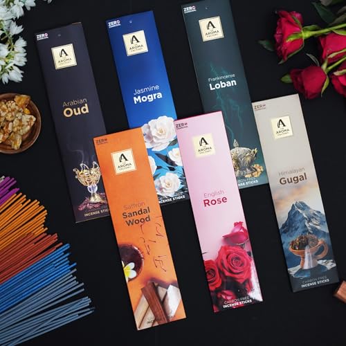 Image of The Aroma Factory Premium Incense Sticks for Pooja | Set of 6 Fragrances Gift Pack (Oud, Mogra, Loban, Sandalwood, Rose, Gugal) 120 Agarbatti (6 x 20 Sticks Each)