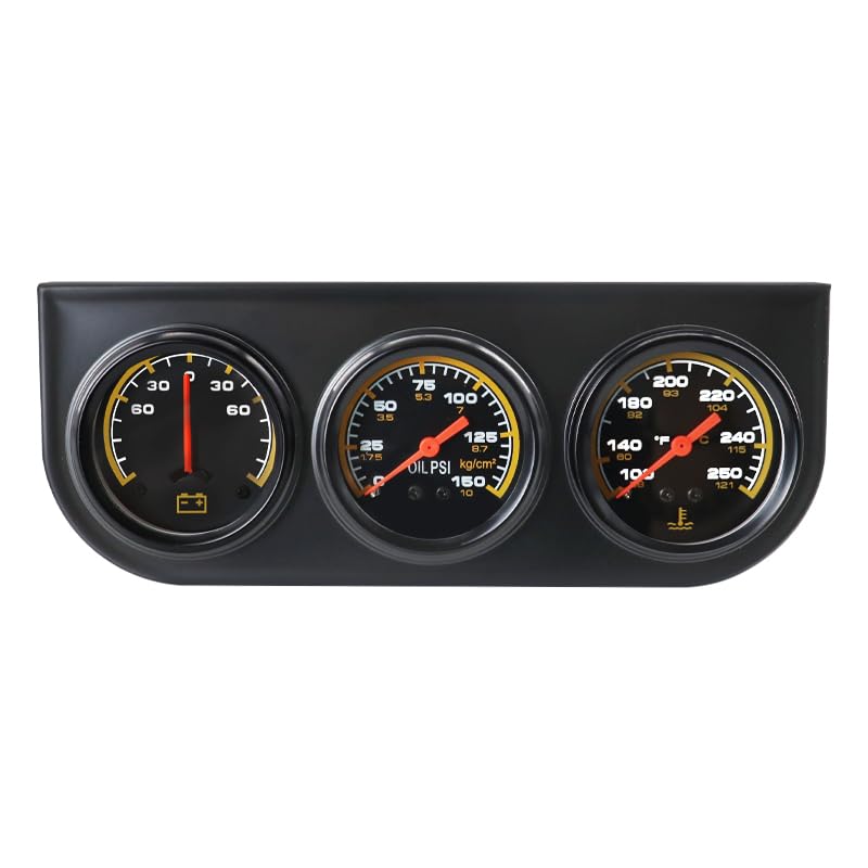 2" 52mm 3-in-1 Triple Gauge Set, 0-150 PSI Oil Pressure Gauge, 100-250°F Water Temp Gauge, -60-60 AMP Ammeter Gauge, Auto Triple Gauge Kit for Car, Truck & Pickup