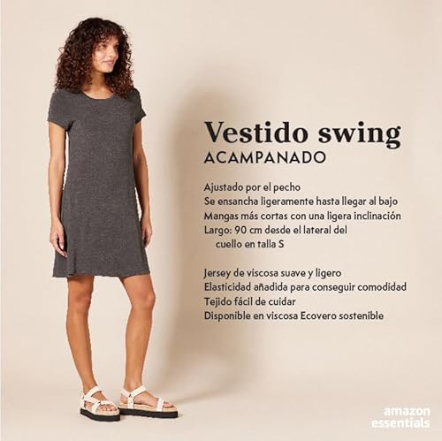 Amazon Essentials Vestido con Vuelo de Manga Corta y Cuello Redondo y Amplio (Disponible en Tallas Grandes) Mujer, Negro, M