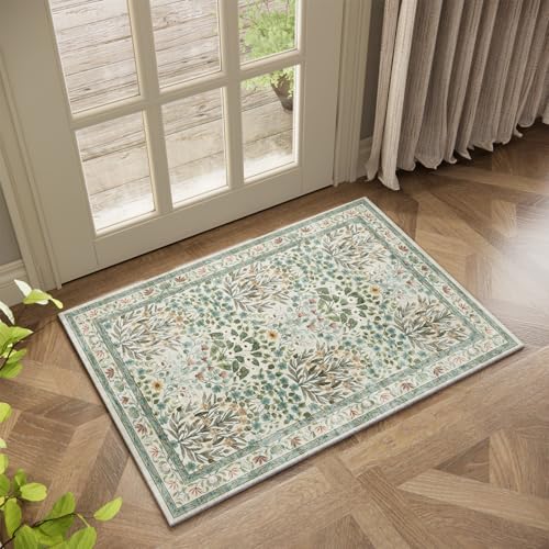 Image of Non-Slip Washable Entry Rug 2x3, Vintage Floral Indoor Front Door Mat for Entryway, Bathroom & Kitchen