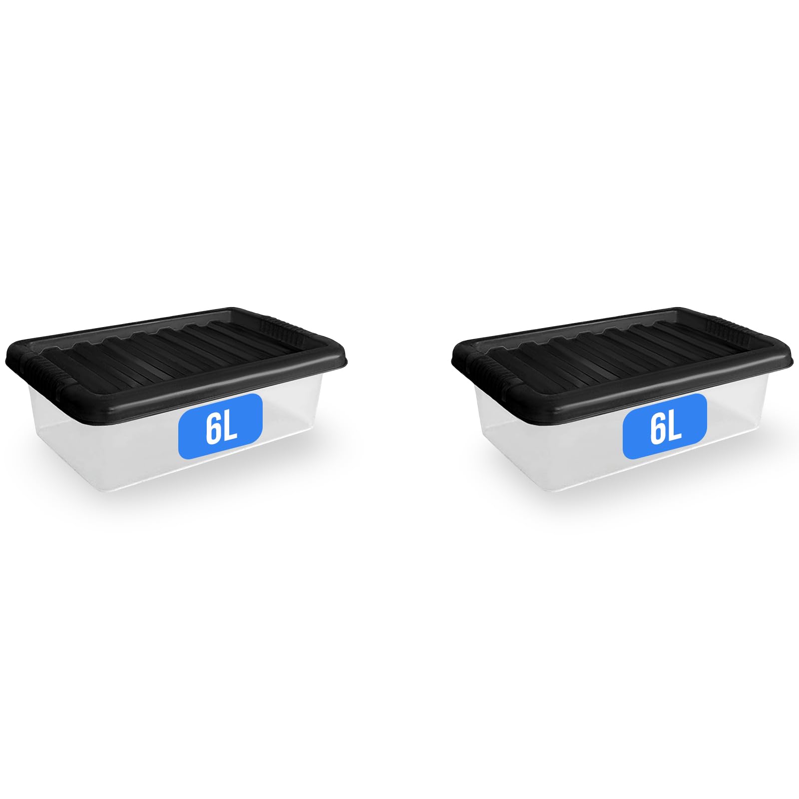KAPCO 6L Underbed Storage Box with Lid - Small Plastic Containers with Black Lids for Shoe, Craft, Toy, Pantry Items - Stackable Storage Solutions - BPA Free Plastic Tubs | 6 Litre - Set of 2