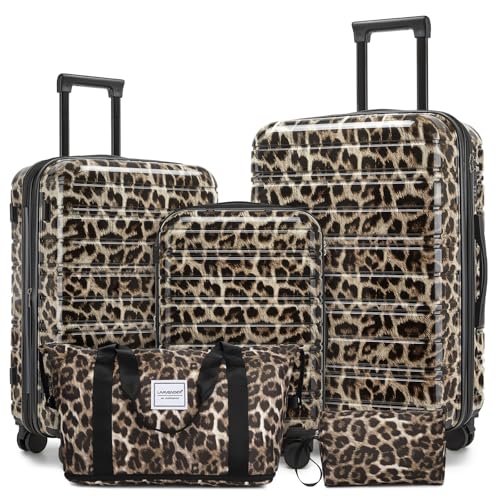 LARVENDER Luggage Sets 5 Piece Hardside Expandable Suitcase with Wheels Lock,PC+ABS Hardside Lightweight Rolling Suitcase for Women and Men,Cheetah