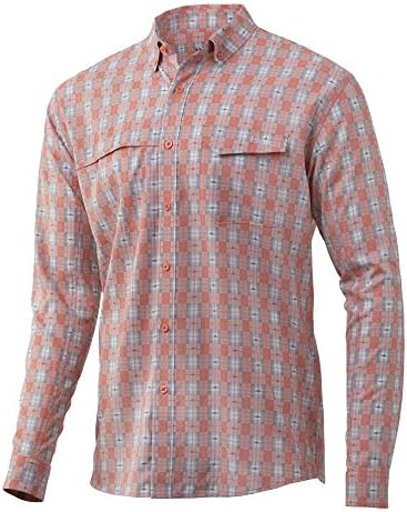 Huk Men's Tide Point Long Sleeve Shirt | Performance Button Down, Fusion Coral-Fish Plaid, Small
