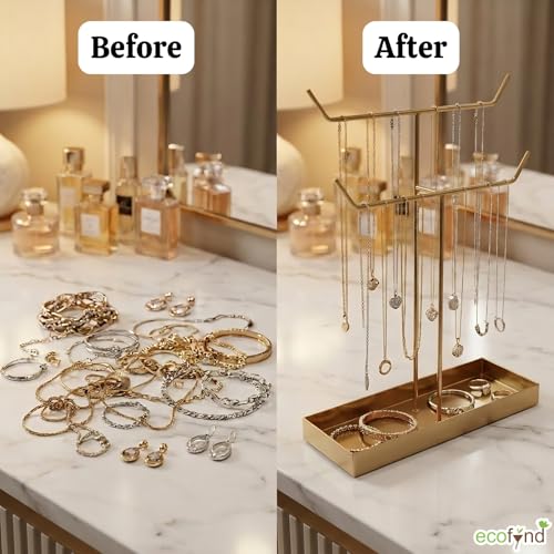 Image of ecofynd 2-Tier Metal Jewelry Organizer Stand with 2 Hangers, 16-Inch Holder for Earrings, Necklaces, Bracelets & Rings, Space-Saving Display for Vanity, Dressing Table & Home (Gold, JS010)