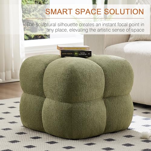 Image of Zesthouse Square Pouf Ottoman Footstool, Modern Backless Vanity Chair for Bedroom, Green Boucle Foot Rest for Couch, Upholstered Tufted Footstool, Poofy Fabric Ottoman Coffee Table for Living Room