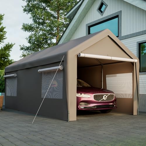 Carport Zelt 3×6 m – Winterfeste Zeltgarage mit Roll-Up-Fenstern, Autozelt als Geräteschuppen für Auto, Motorrad, Boot & Geräte (Grey, 3x6m)