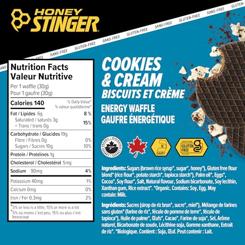 Image of Honey Stinger Organic Gluten Free Cookies & Cream Waffle | Energy Stroopwafel for Exercise, Endurance and Performance | Sports Nutrition for Home & Gym, Pre and Post Workout | 12 Waffles, 12.72 Ounce | wafer-cookies