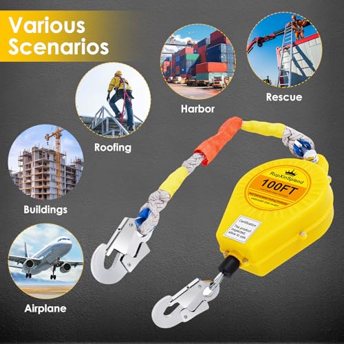 Image of Fall Arrester Protector Self Retractable 100FT Fall Protection Gear Double Locking, Dual PPE+Alloy Steel housing Heavy Duty Lifeline Safety Lanyard Rope Cable Wire Roofing Construction