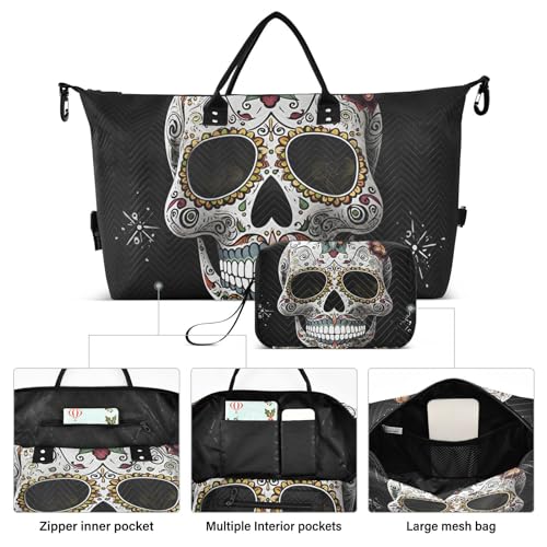 Large Travel Duffel Bag, White and Mexican Skull Sports Tote Gym Bag, Shoulder Weekender Overnight Bag for Women Men, Carry On Luggage with Toiletry Bags2