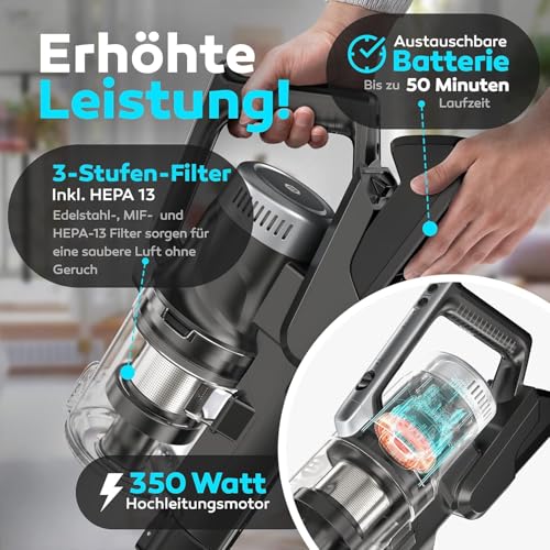 Balter Vertu X11 PRO kabelloser Akku Staubsauger mit Wischfunktion, All-IN-ONE Akku & Handstaubsauger, 350W hohe Saugleistung, bis 50 Min. Laufzeit, Beutellos, Flex-Gelenk, LED-Düse, Tierhaar - 3