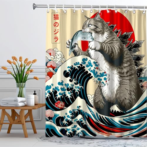 Image of Funny Japanese Cat Shower Curtain, Vintage Cat Eating Fish Japan Art Anime Sunset Wave Waterproof Shower Curtain with Hooks, Animal for Kids Fabric Shower Curtains Bathroom Decor 72X72inches
