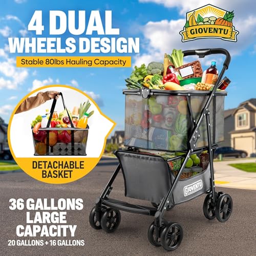 2024 Upgraded Folding Shopping Cart with 360° Wheels and Removable Tote Bag, 80lbs Capacity, Black