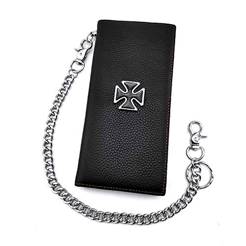 Men Gothic Cross Biker Long Leather Card Money card Holder Wallet With Safe Chaine