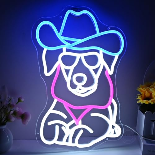 Image of Planzo Cowboy Dog LED Neon Sign Light Bedroom Game Room Man Cave Wall Decor | Zoo Pet Shop Bar Pub Club Home Wall Sign Decor, Christmas Birthday Party, Pet Dog Lovers Gift, Cute Animal, 16.14 inchX12.4 inch, USB