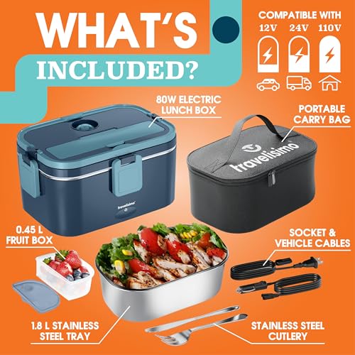 TRAVELISIMO Extra-Large Electric Lunch Box For Adults Holds up to 8 Cups - 80W Heated Lunch Box 1.8L Electric Food Warmers for Travel & Work, Portable Food Warmer - Loncheras Para Hombres De Trabajo