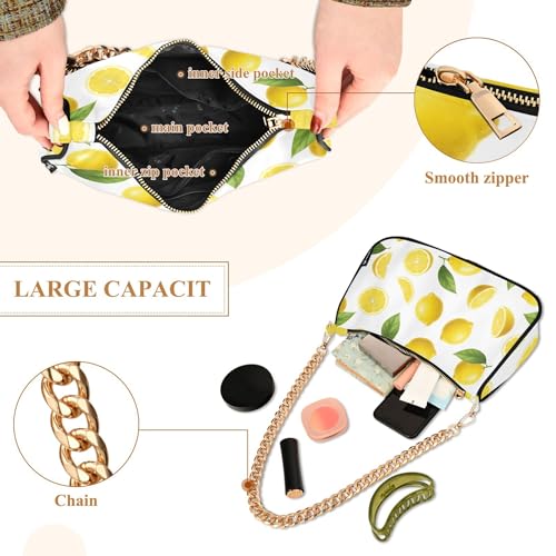 Yellow Lemons Green Leaves White Colorful Shoulder Bag for Women Evening Bags Purse Chain Strap Zipper Medium Cute Purse4