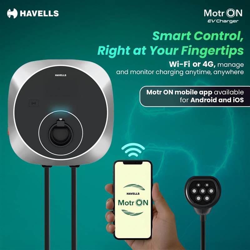 Image of Havells 7.4 kW MotrON PRO Smart EV Charger|2m & 5m Output TPU Cable| Wi‑Fi, GSM, 4G| OCPP 1.6| ARAI & IEC|IP66, IK10 & UV Safe|10+ Electrical Safety Features|2 Yr Warranty