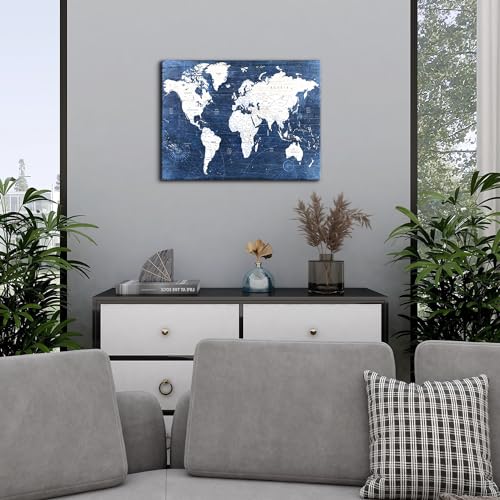 Image of World Map Canvas Wall Art Modern Office Pictures Decorations World Maps for Living Room Wall Decor Retro Map of World Poster Navy Blue Painting Artwork Framed Home Study Bedroom Decoration 12x16 inch