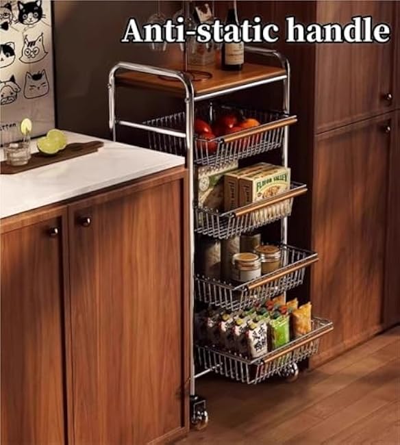 Rolling Kitchen Cart, Metal Bar Cart with Wire Baskets & Wheels, Movable Storage Trolley for Pantry, Coffee Bar, Bathroom, Office(Crystal Wheel,78x28x90cm)-vUG7eklF